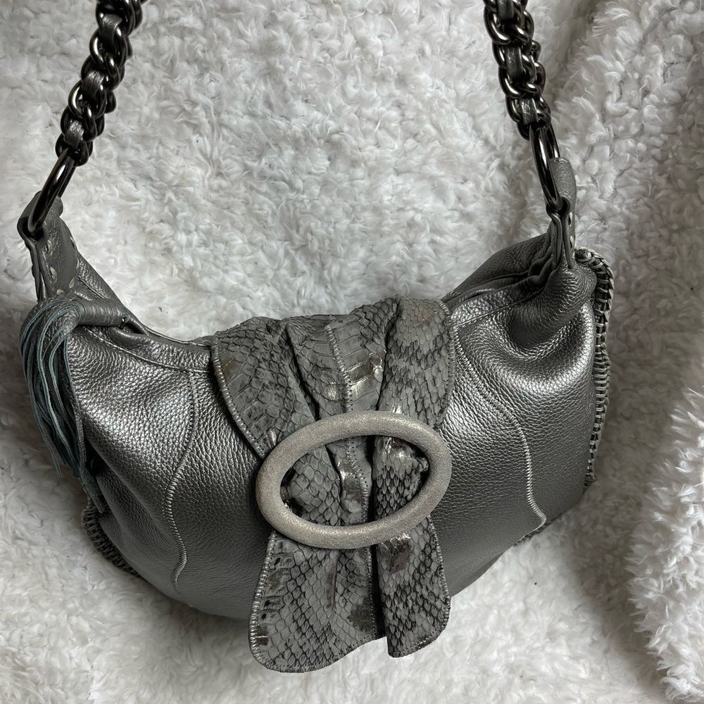 CHI by Carlos Falchil Hobo leather gray shoulder bag with shake skin flap& strap